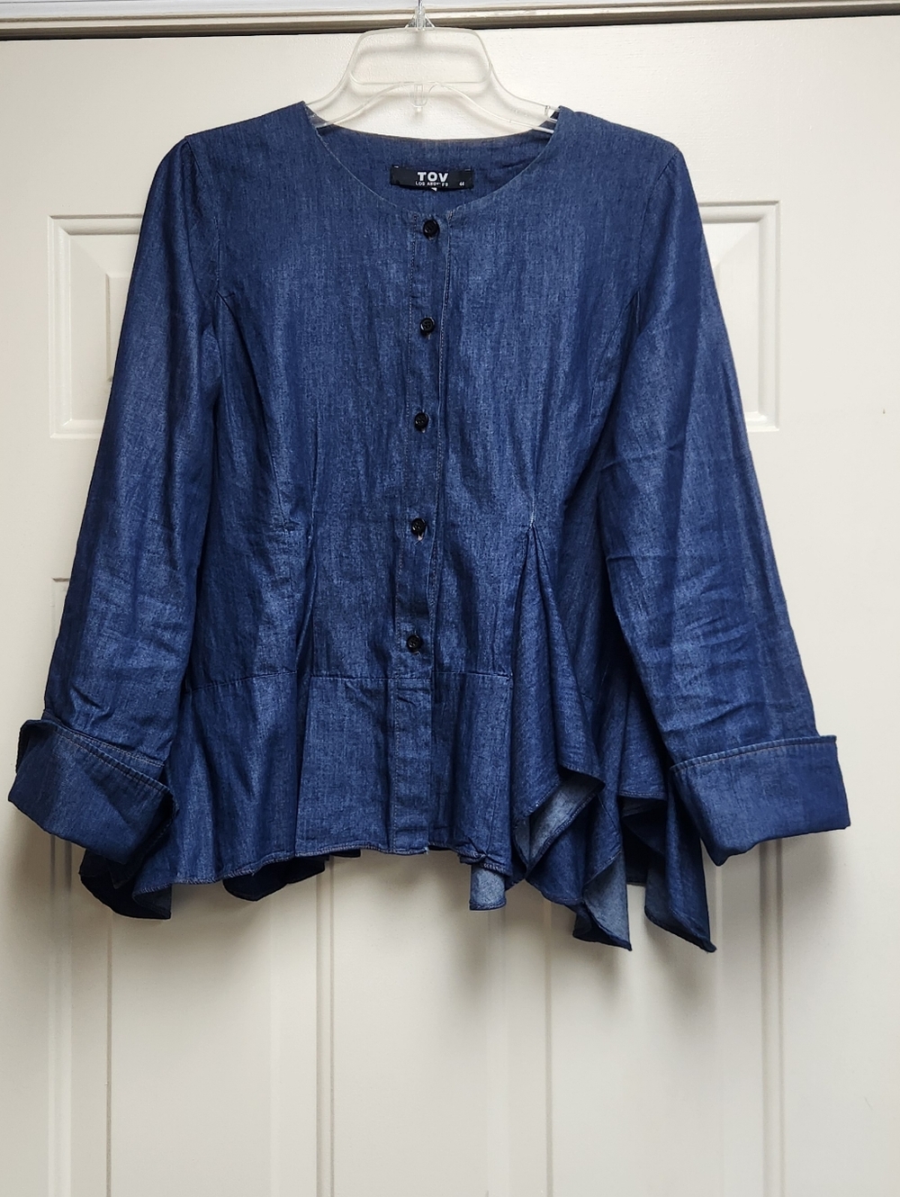 Light Weight Denim Button-Front Peplum Top W/Long Cuffed Sleeves. Fits Medium.